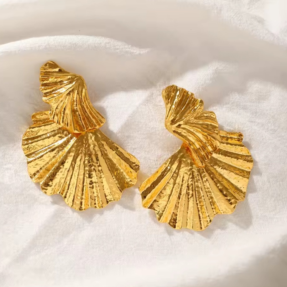 Gold Ginkgo Leaf Earrings Large Statement Punk Jewelry - Picture 2 of 3